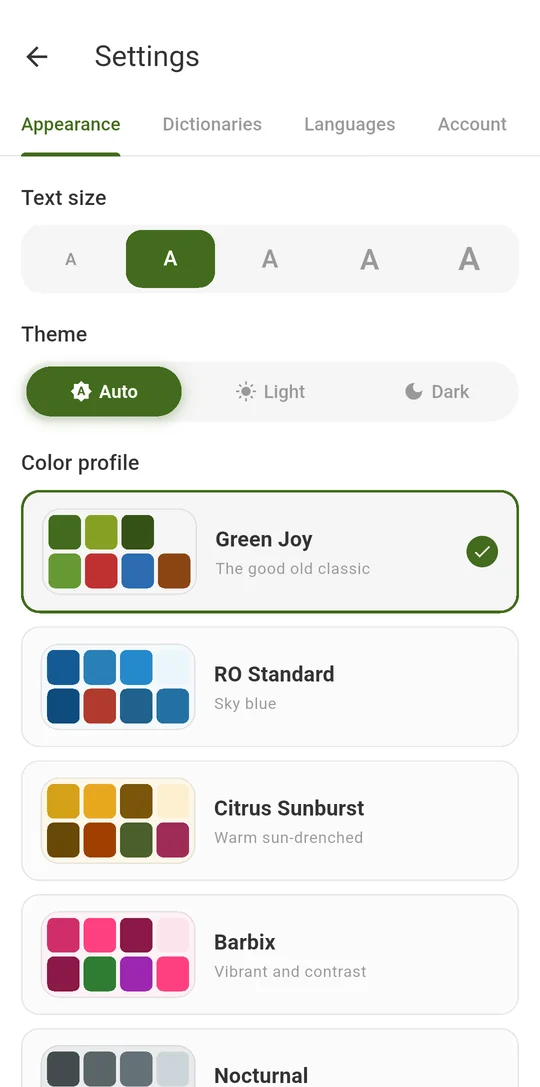 Themes, 26 colour profiles, text size
